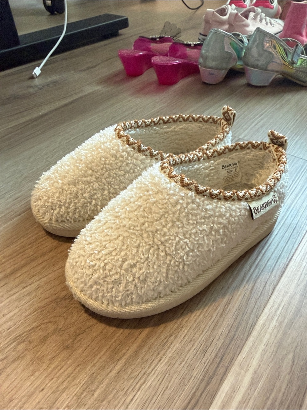 BearPaw Kids Cream Sherpa Slip-On Footies with Brown Trim